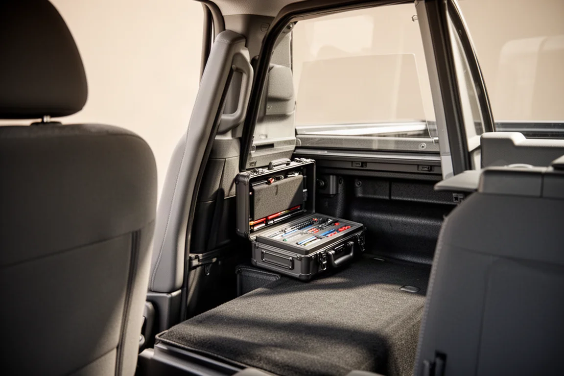 Compact tool set stored behind the back seat of a pickup truck