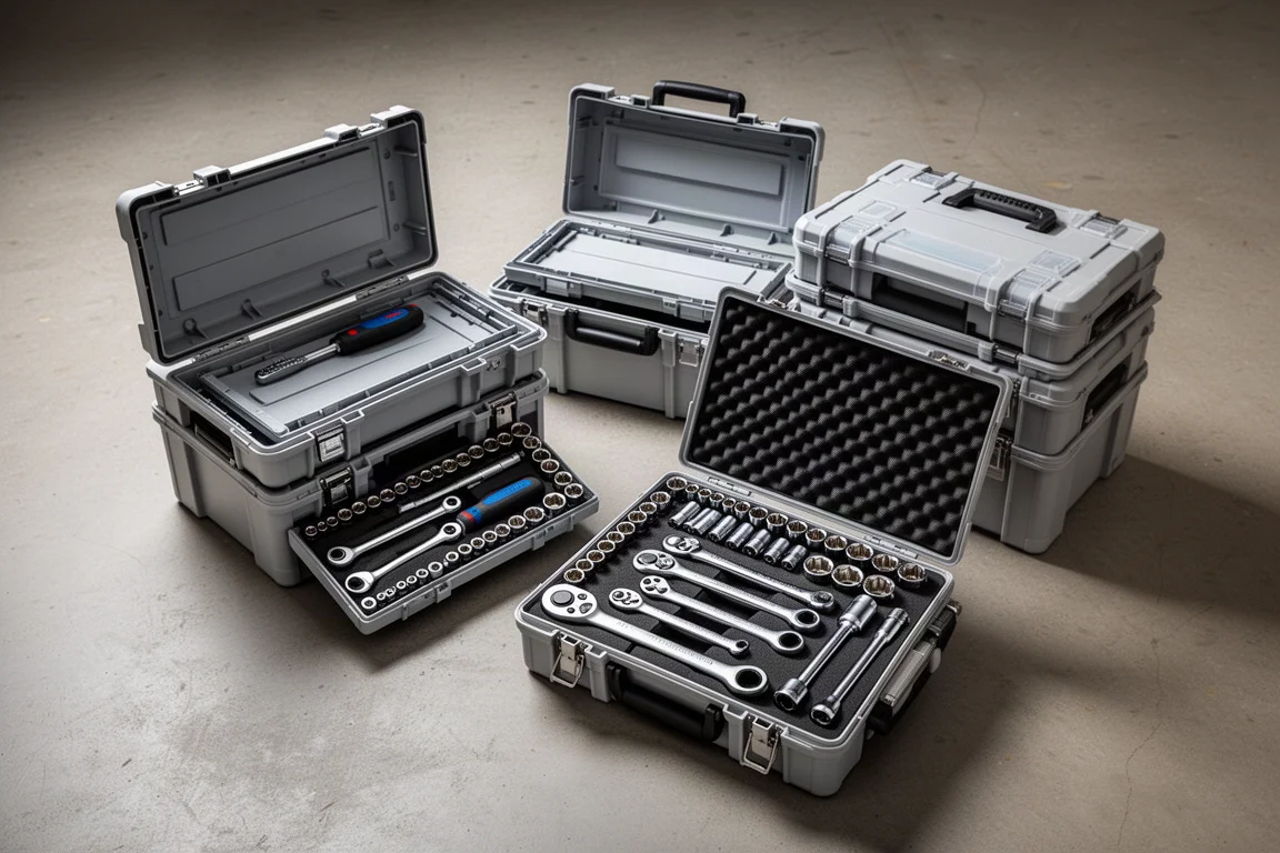 Multiple open mechanics tool sets with sockets, ratchets and wrenches arranged on a workshop floor