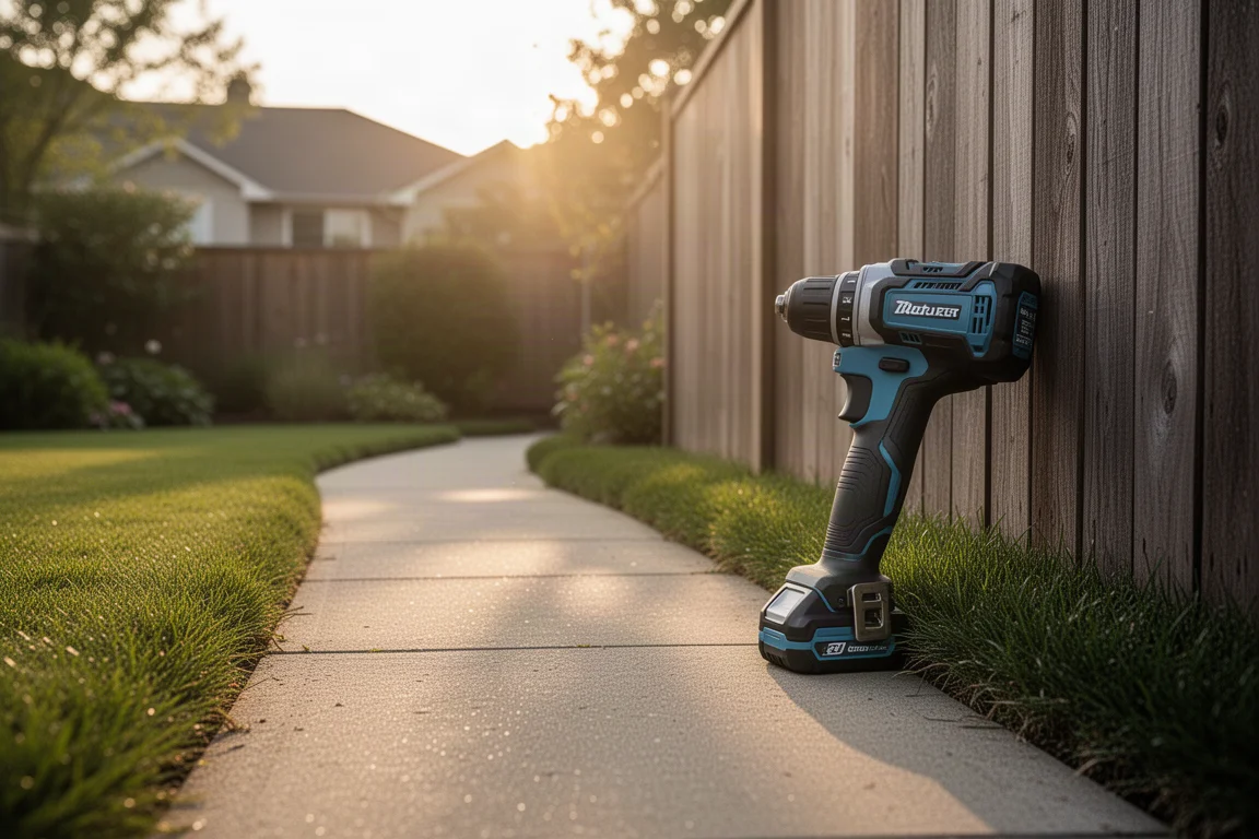 Allée de jardin avec une débroussailleuse sans fil adossée à une clôture à l'heure dorée