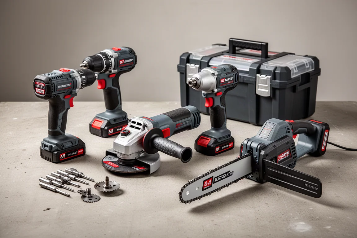 Cordless power tools arranged on a concrete workshop surface