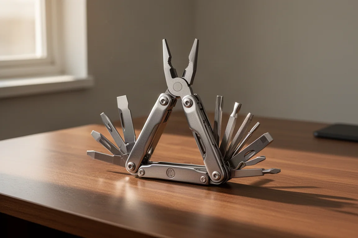 Una multiherramienta abierta sobre un escritorio de madera con sus alicates extendidos