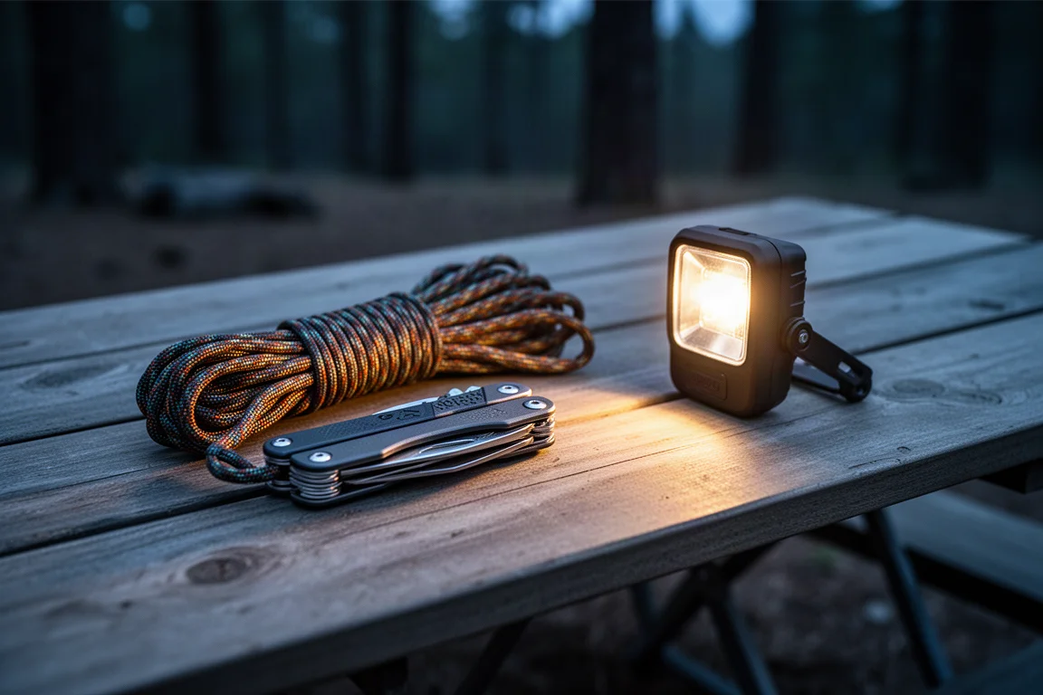 Manos trabajando con una multiherramienta sobre una mesa de campamento al atardecer