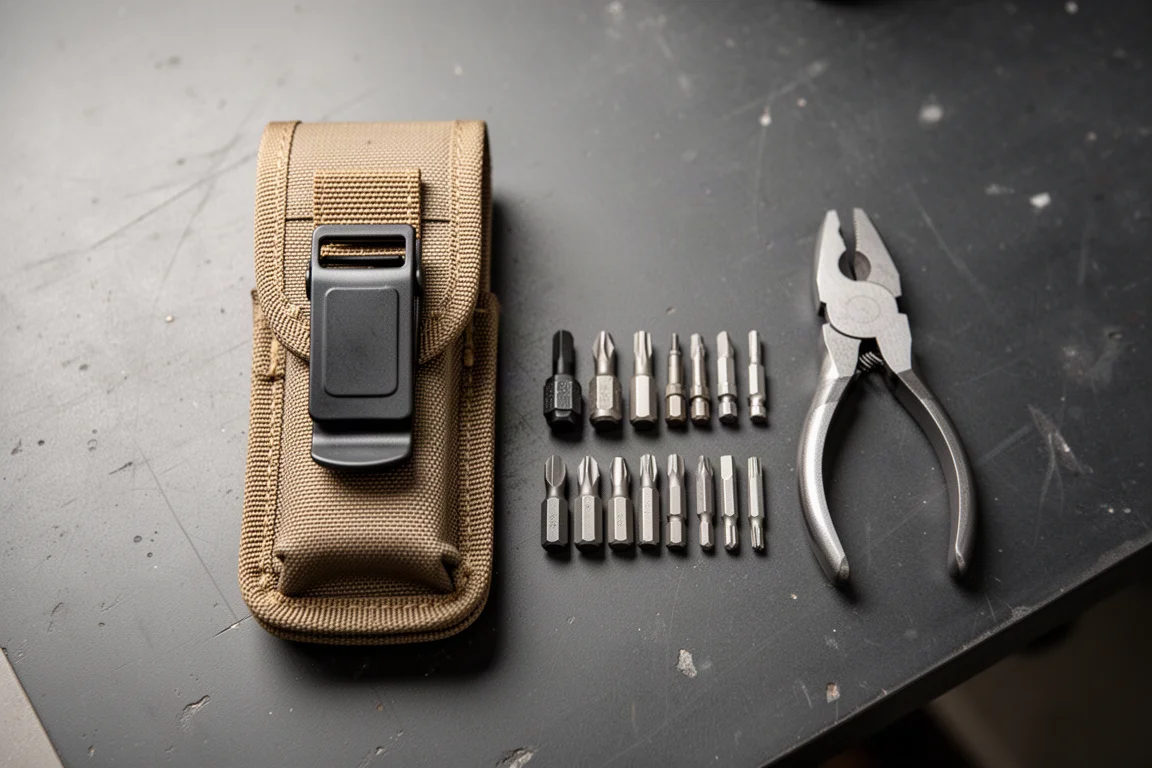 Funda de multiherramienta y kit de puntas extendidos sobre un banco de trabajo