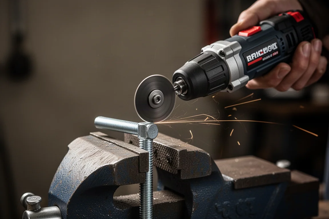 Compacte slijptol die met vonken door een metalen bout zaagt