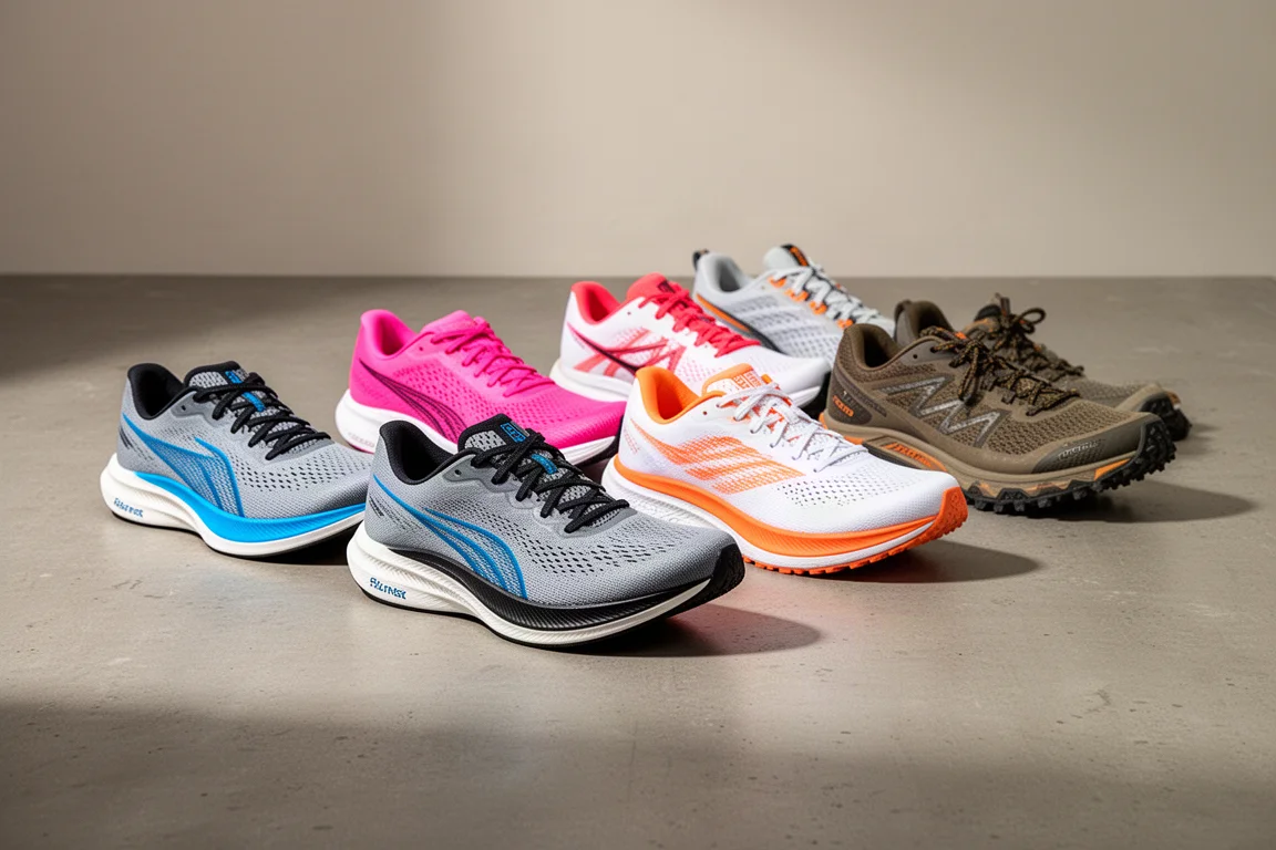 Eine Reihe von neun verschiedenen Laufschuhen, auf einer Betonoberfläche arrangiert
