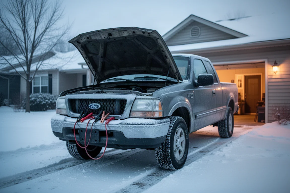 Truck hood open in a snowy driveway while a driver prepares to jump start the vehicle