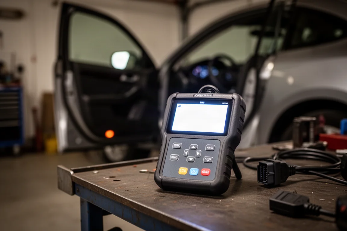 Diagnostic scanner screen glowing in a dimly lit home garage next to an open car door