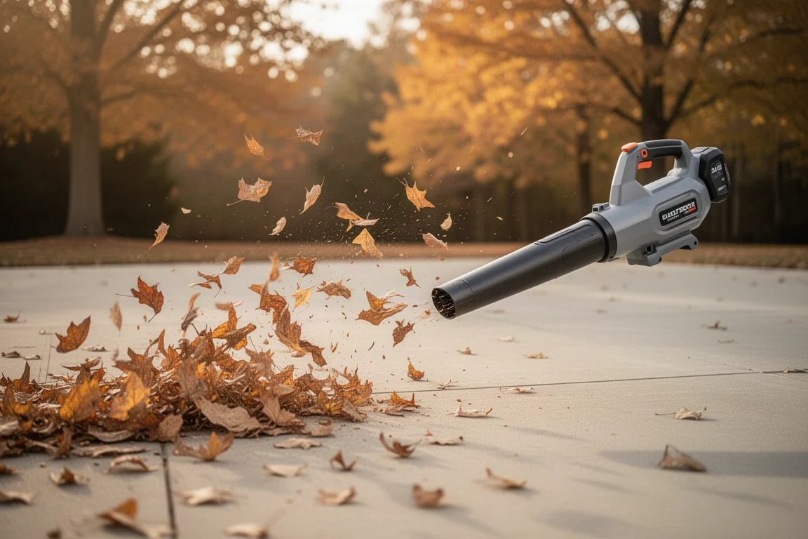 Cordless blower clearing autumn leaves from a concrete driveway in warm afternoon light