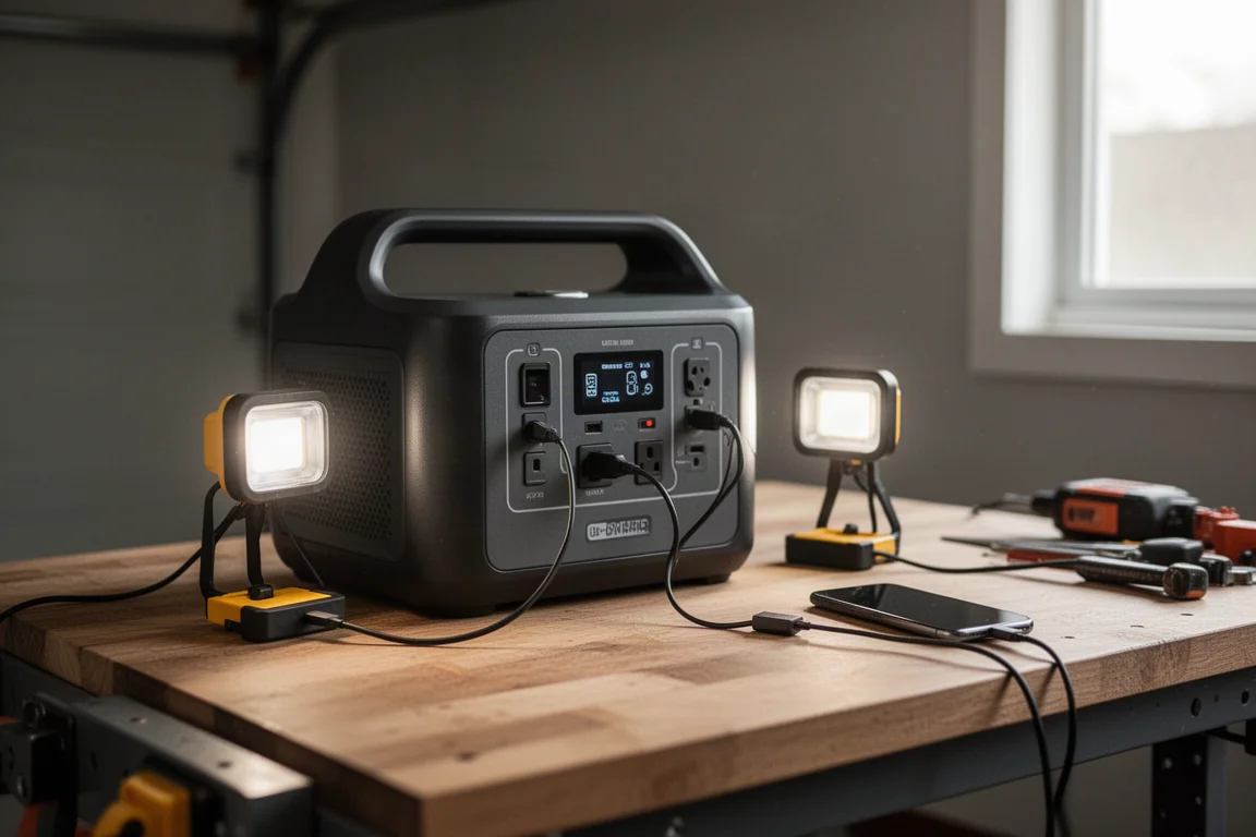 Portable power station charging a work light and phone on a garage workbench