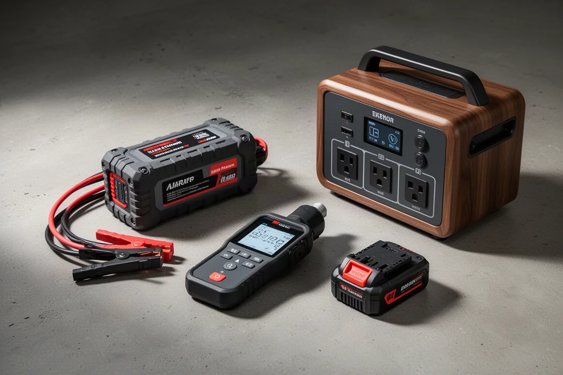 Jump starter, diagnostic scanner, battery pack, and portable power station arranged on concrete