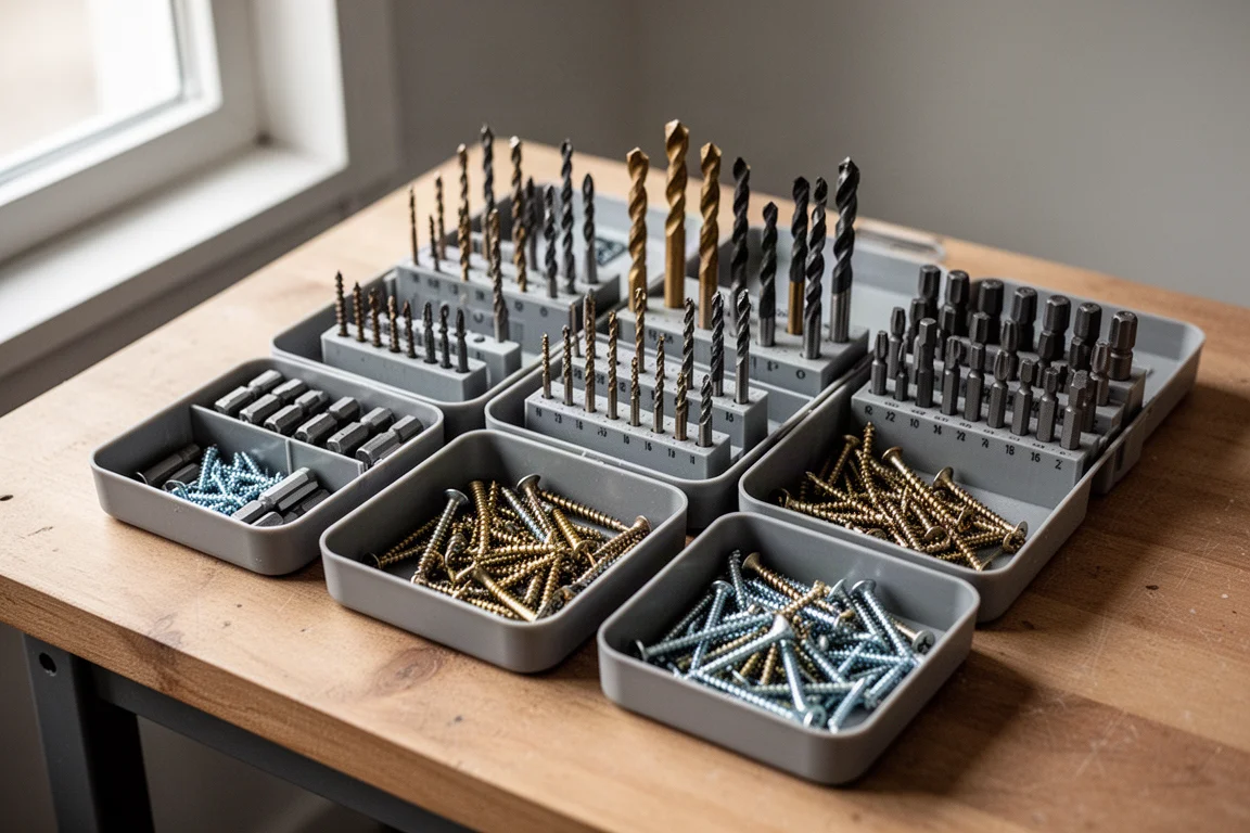 Verktygsbänk med bits och fästanordningar organiserade i små fack