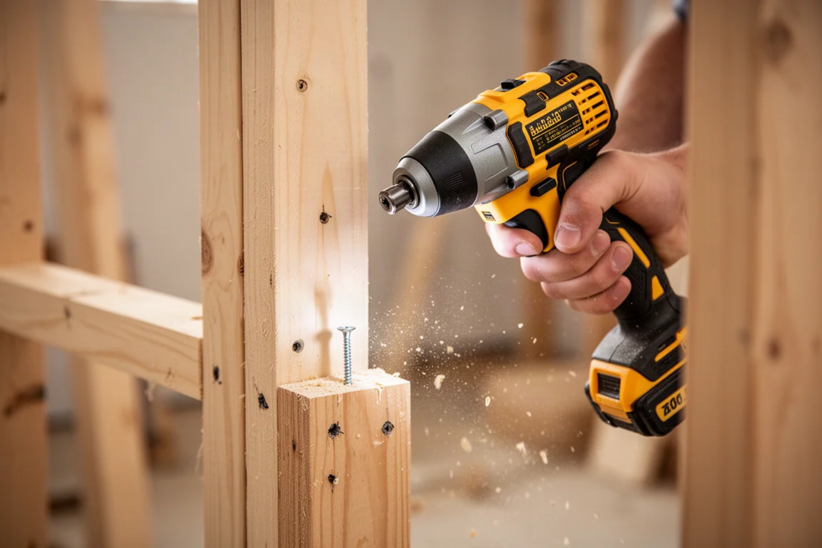 Entreprenör driver skruvar på ett ramprojekt med en batteridriven impact driver