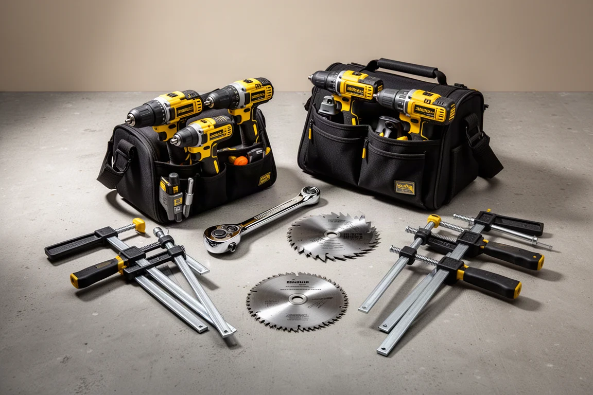 Power tools, ratchet, saw blade and clamps arranged on a workshop floor