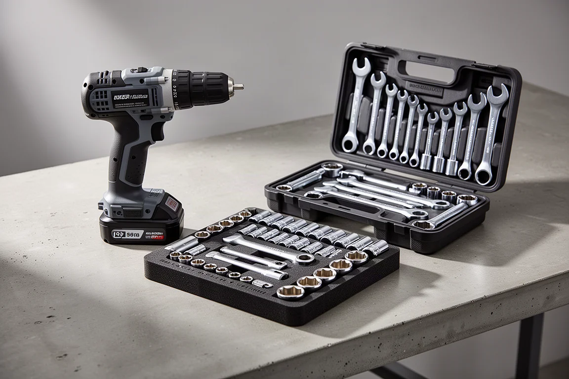 Assortment of power tools and socket sets arranged on a concrete workbench