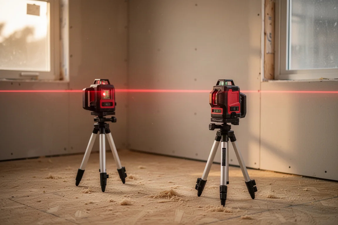 Livello laser rotante che proietta una linea di livellamento sul muro di un cantiere