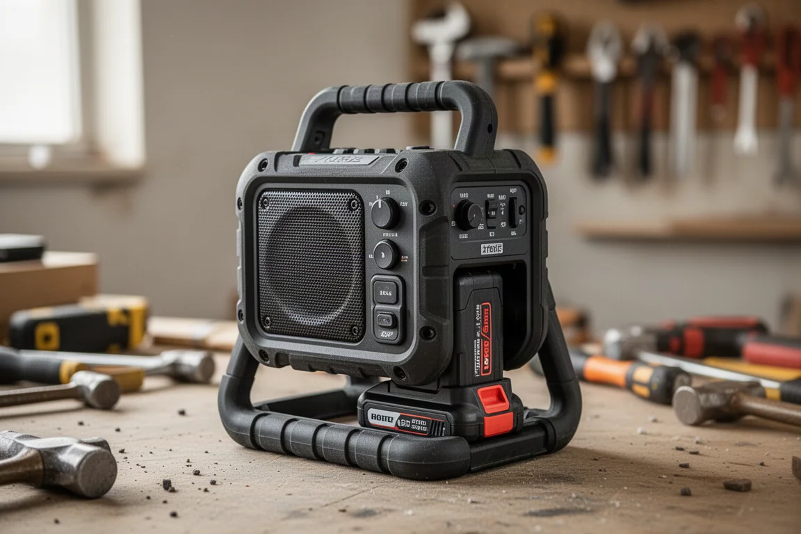 Robusta radio da cantiere che suona musica in un angolo umido dell'officina
