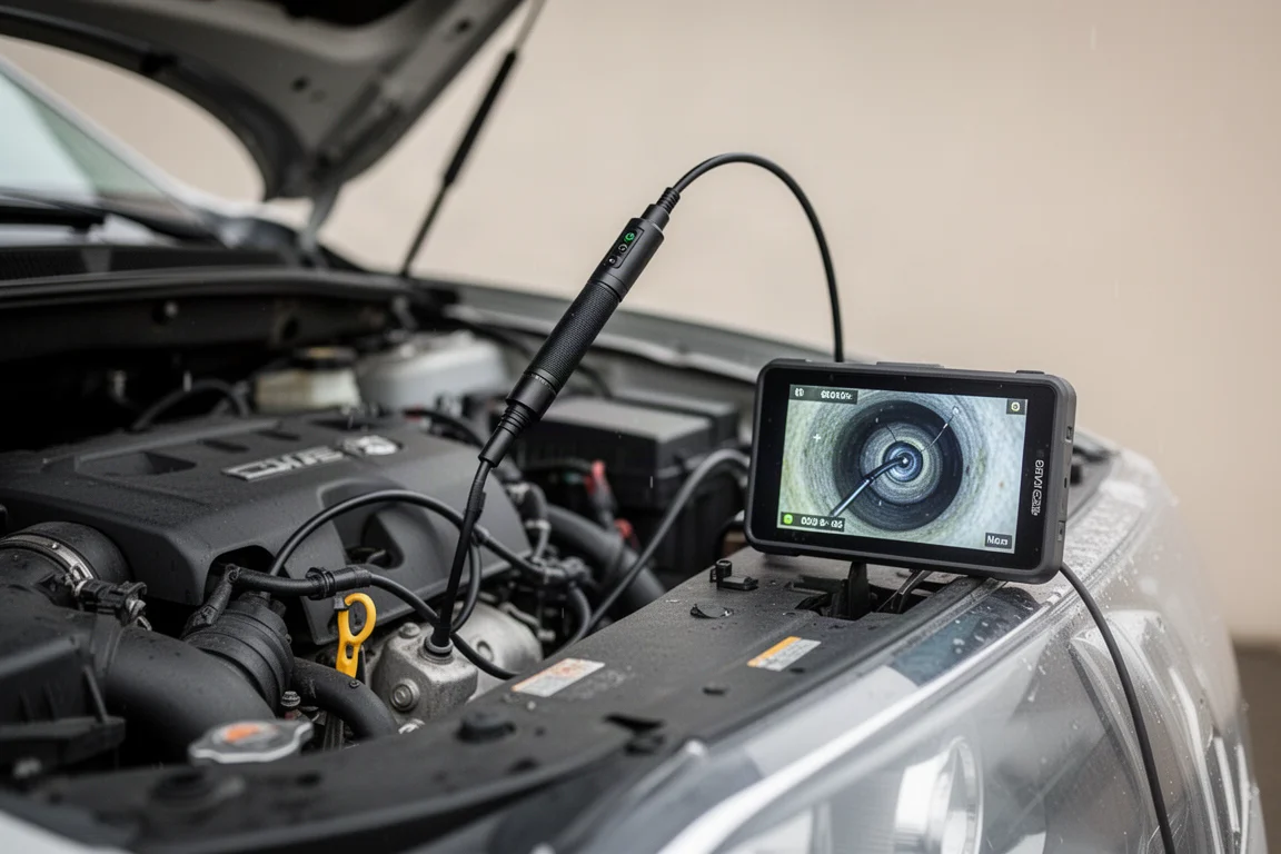 Videocamera endoscopica su cavo flessibile che ispeziona uno stretto spazio nel vano motore