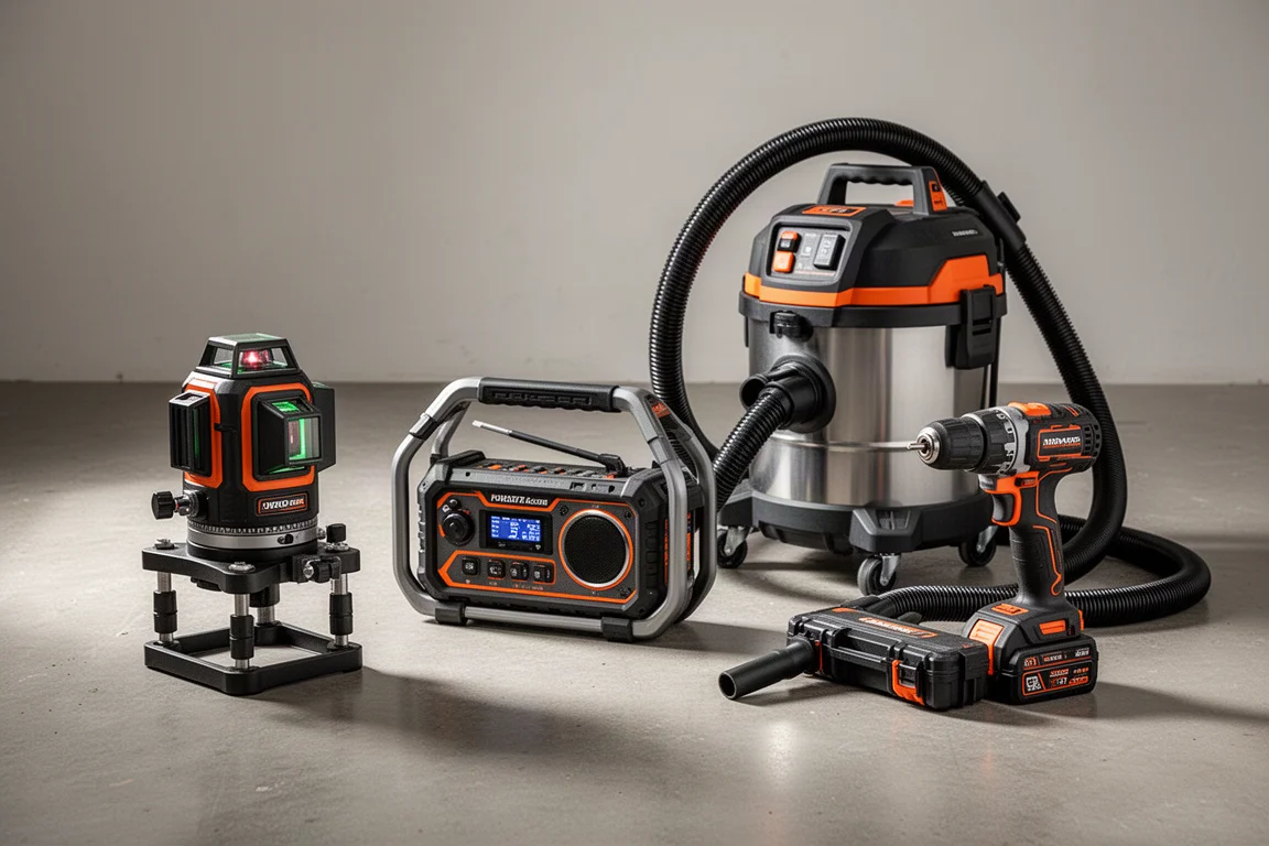 Verzameling elektrisch gereedschap waaronder een linaligniveau, radio, stofzuiger en boormachine op de vloer van een werkplaats