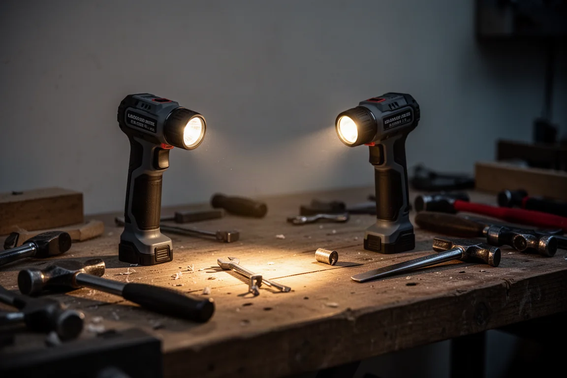 Linterna inalámbrica proyectando un haz cálido sobre el banco de un taller mal iluminado