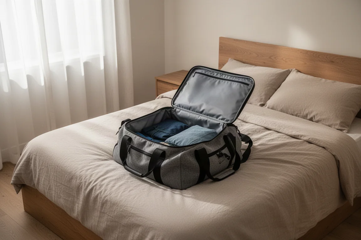 Viajero haciendo la maleta con una mochila tipo bolsa de viaje en una cama junto a una maleta