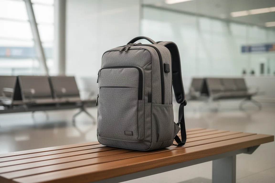 Mochila de viaje de carga frontal apoyada en un banco de aeropuerto