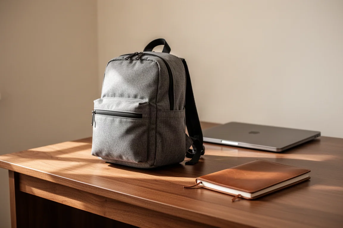 Mochila de uso diario sobre un escritorio de madera con un portátil y una libreta