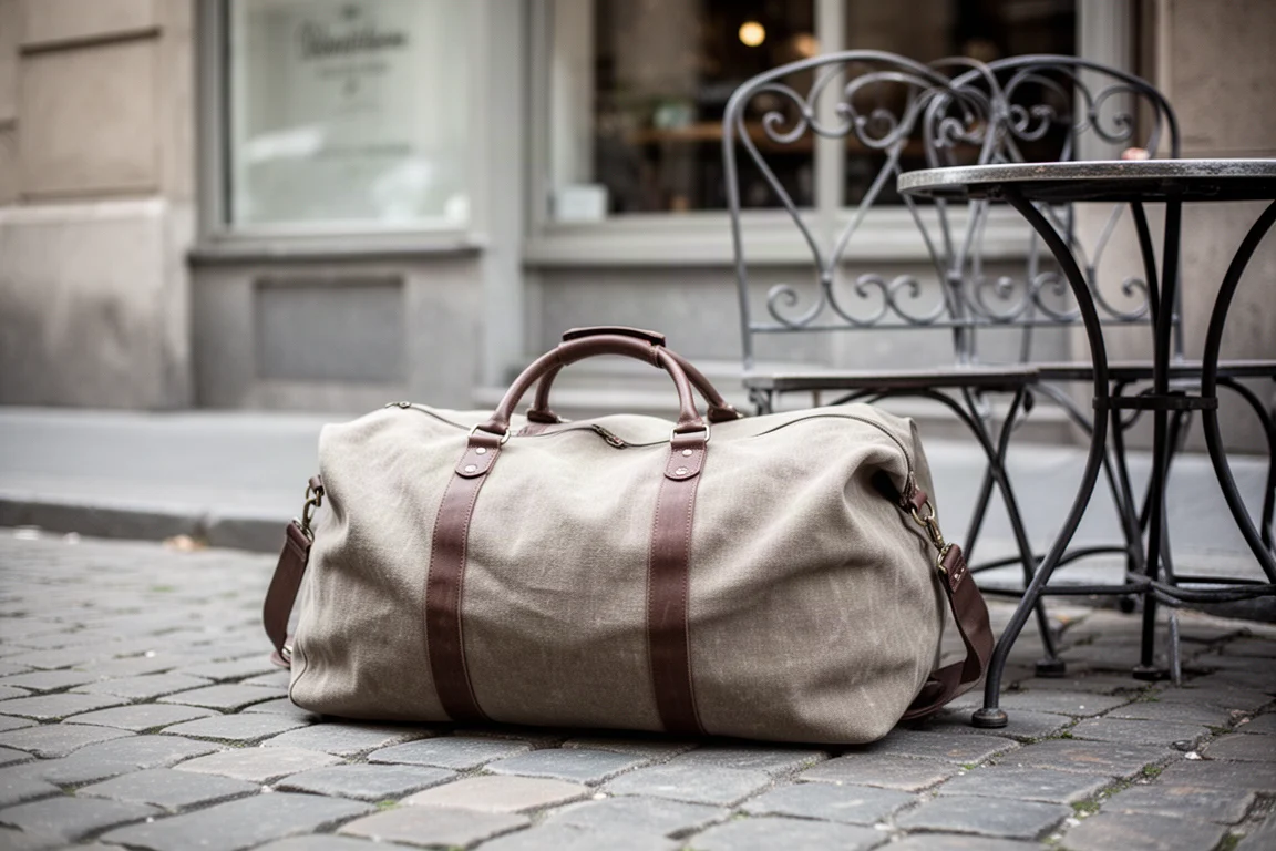 Bolsa de viaje apoyada en una calle adoquinada junto a una silla de cafetería