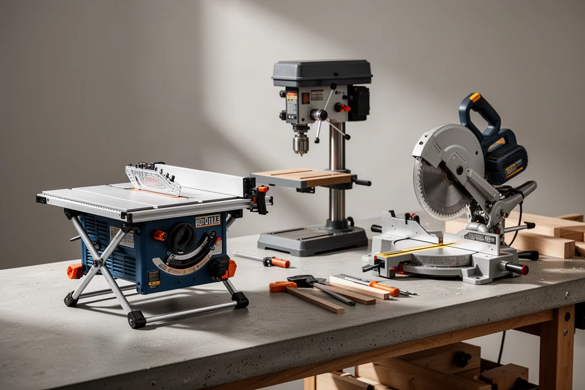 A workshop bench scene with a table saw, drill press, and miter saw on concrete