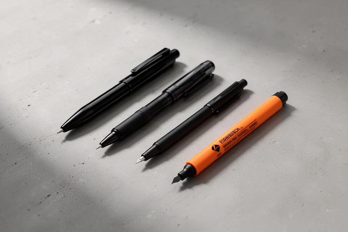 Assortment of black pens and a fineliner arranged on a concrete surface