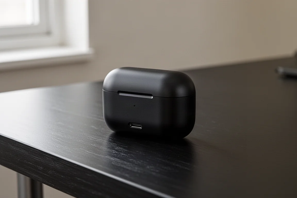 Estuche de auriculares inalámbricos en negro mate apoyado sobre una mesa oscura