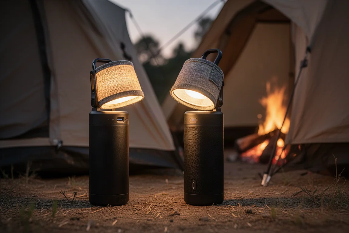Batería externa robusta y waterproof con una lámpara acoplada iluminando junto a una tienda de campaña