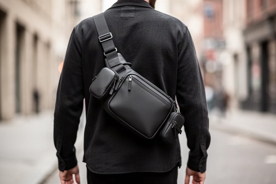 Bolsa sling negra y delgada usada a la espalda con bolsas acopladas