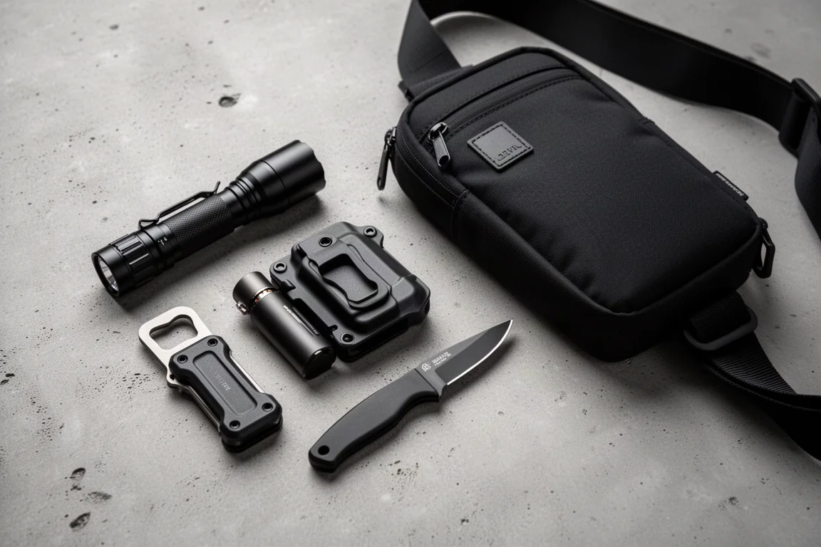 Draufsicht auf mattschwarze EDC-Gadgets und Accessoires auf einer Betonoberfläche