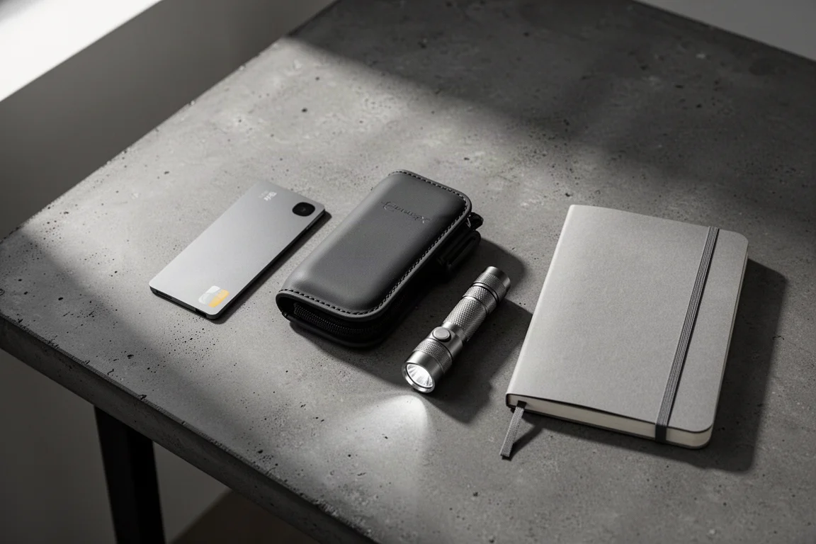 Matte zwarte everyday-carry-items uitgespreid op een donker oppervlak