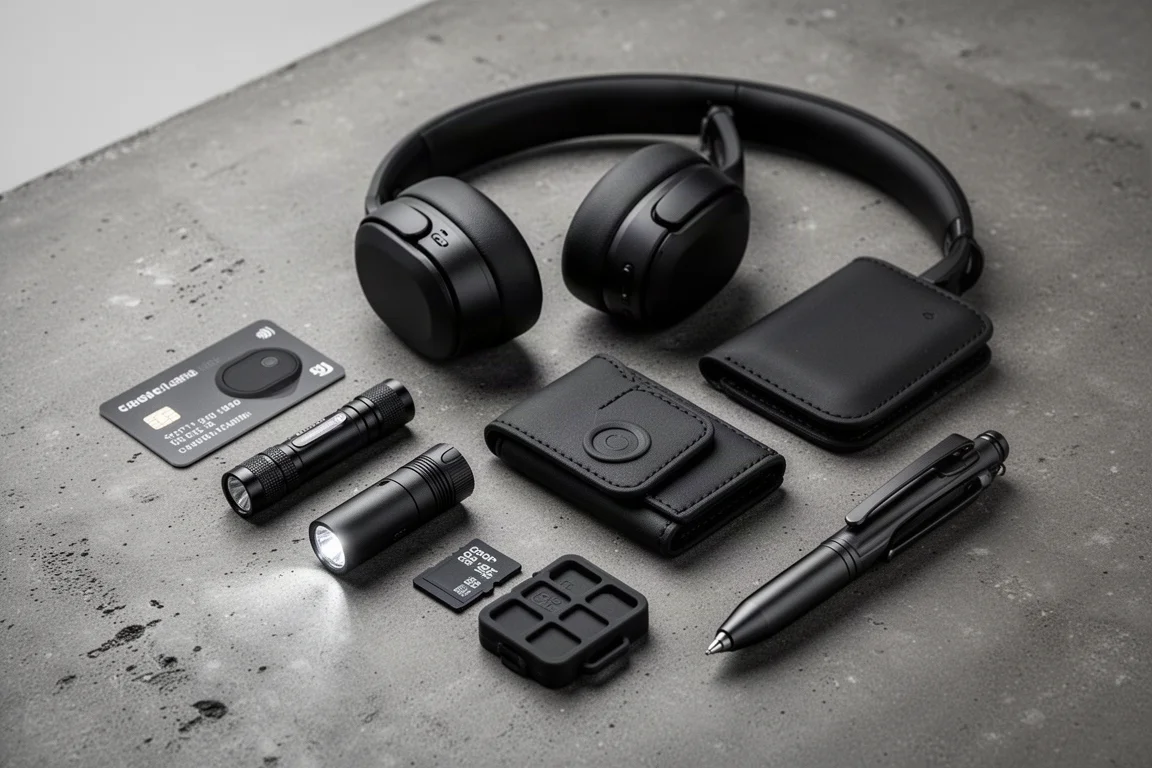 Akaraty everyday carry w stylu blackout na płasko: karta tracker, portfel, latarka i długopis