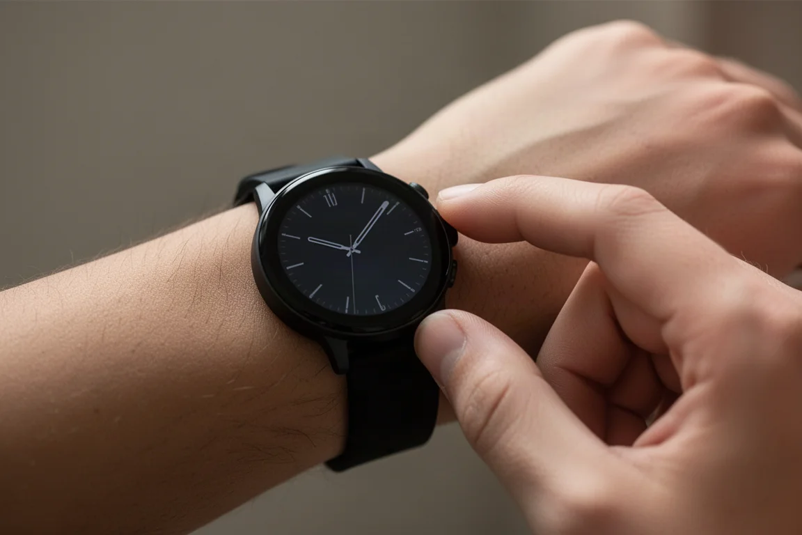 Smartwatch con pantalla táctil y esfera estilo analógico en una muñeca