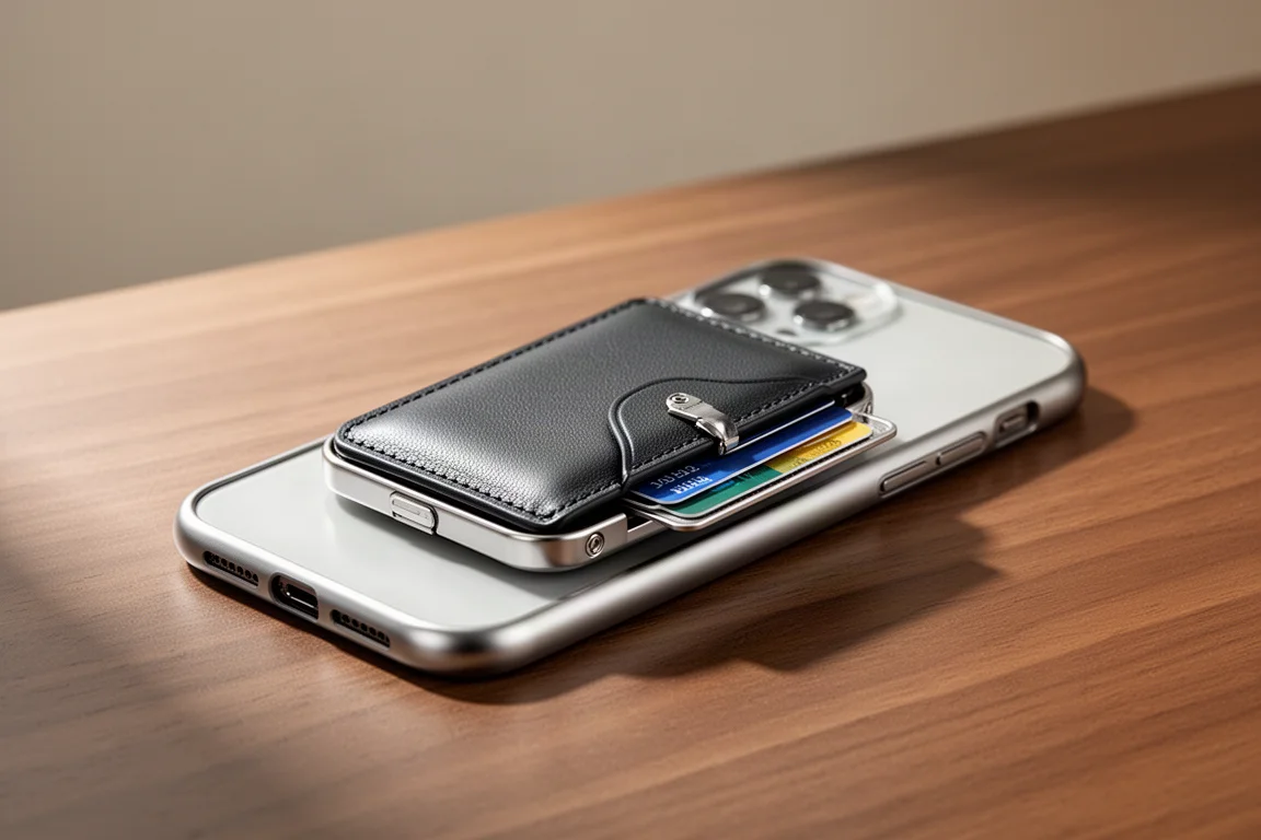 Billetera MagSafe adherida a la parte trasera de una funda minimalista de metal para teléfono