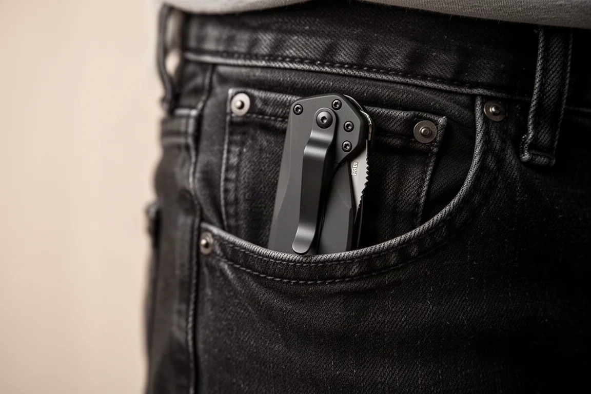 Cuchillo plegable compacto de bolsillo con clip dentro del bolsillo de una chaqueta