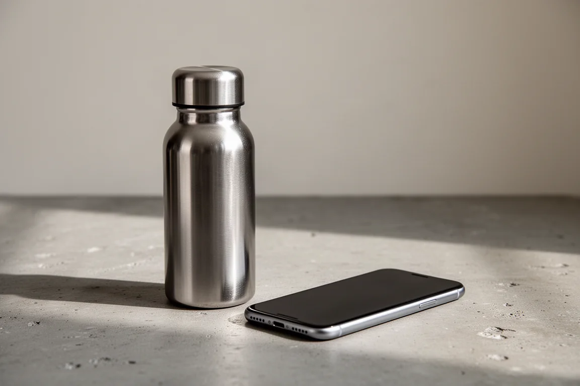 Pequeña botella de agua de acero inoxidable junto a un smartphone para comparar escala