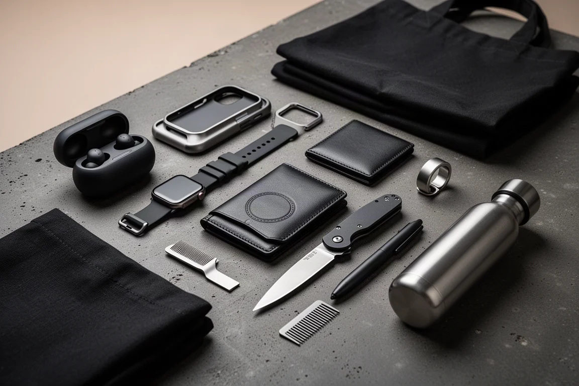 Ułożenie na płasko czarnych przedmiotów everyday carry: nóż, zegarek nurkowy, etui na telefon, portfel, bag na ramię, długopis i woreczek na betonie