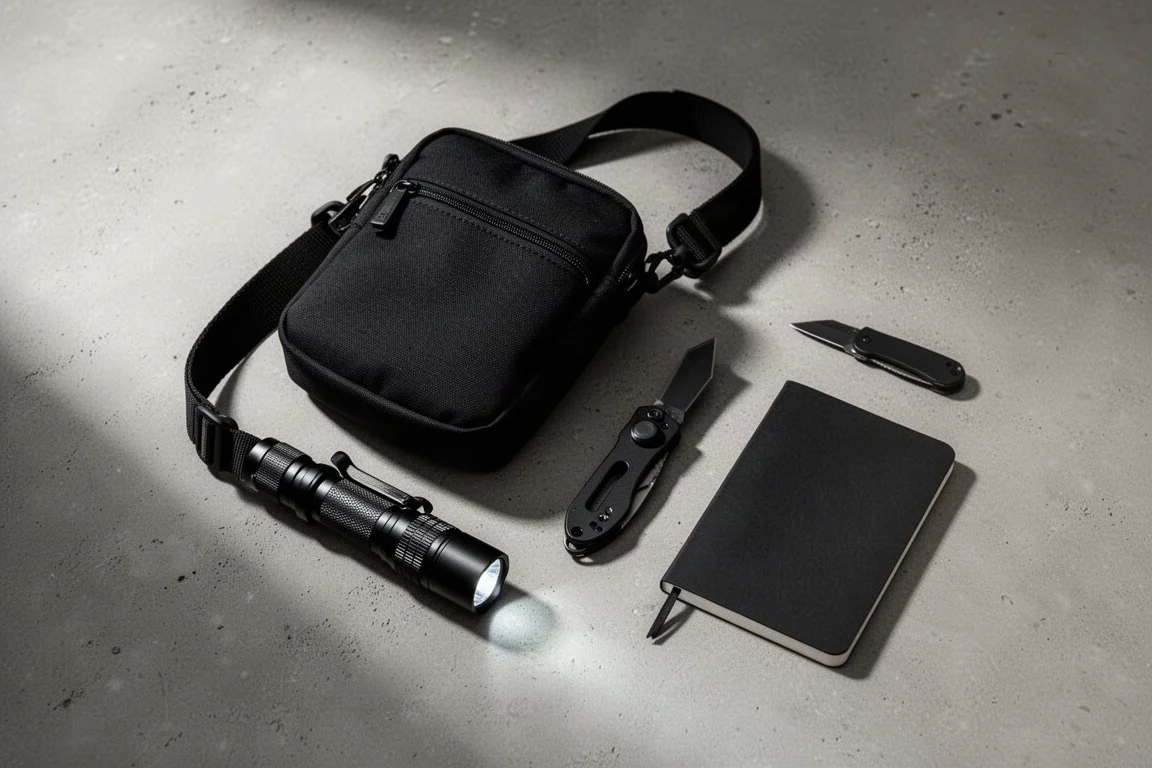 All-black everyday carry items arranged on a matte concrete surface