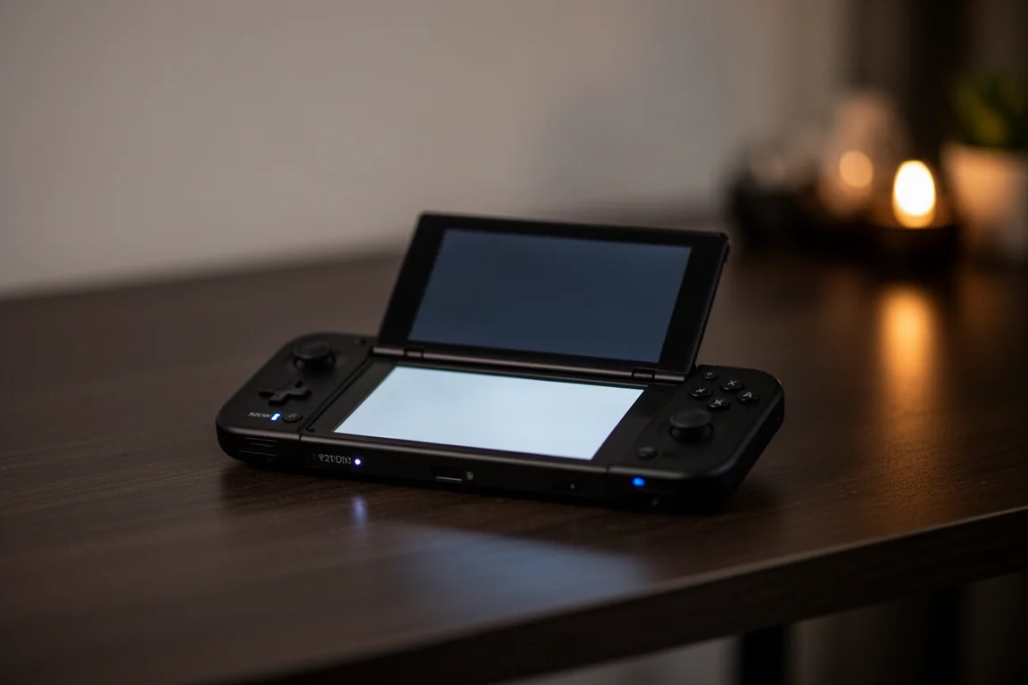 Small handheld gaming console held at night with glowing screen