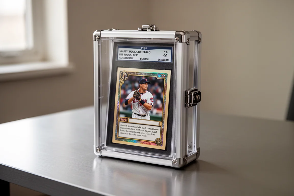 Graded trading card in a protective metal display case on a desk
