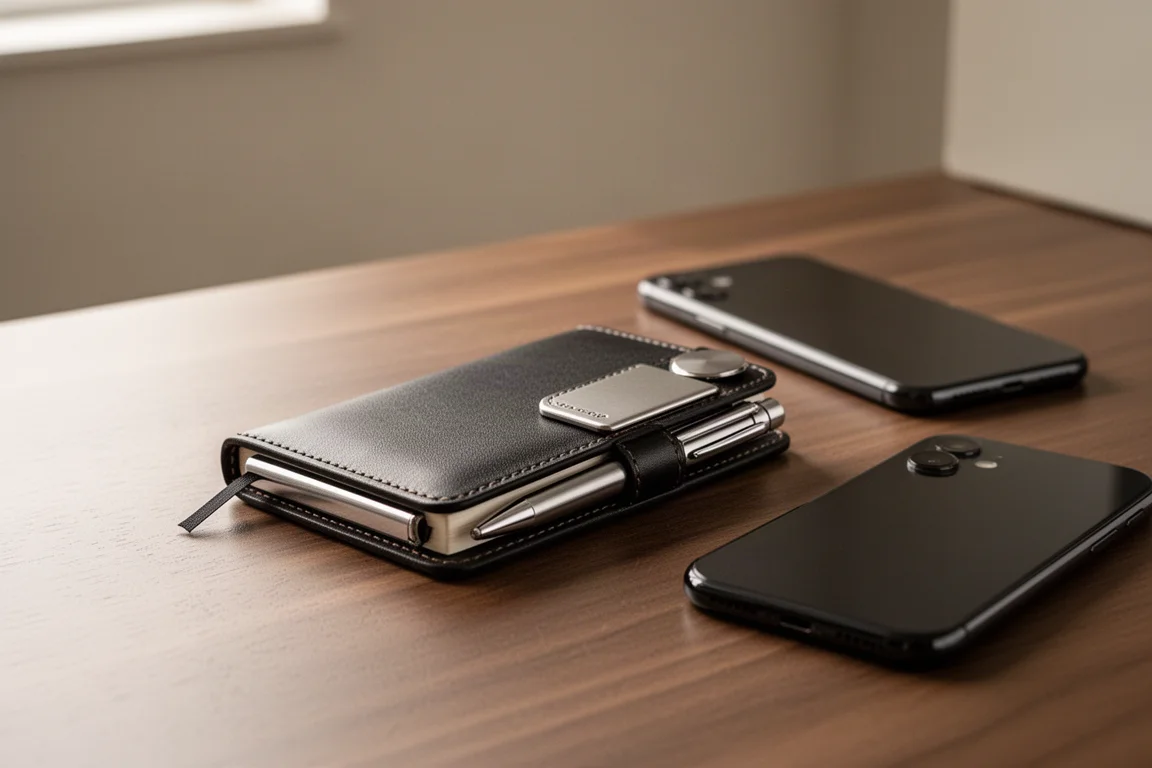 Pocket notebook with attached pen and magnetic back resting on a leather surface