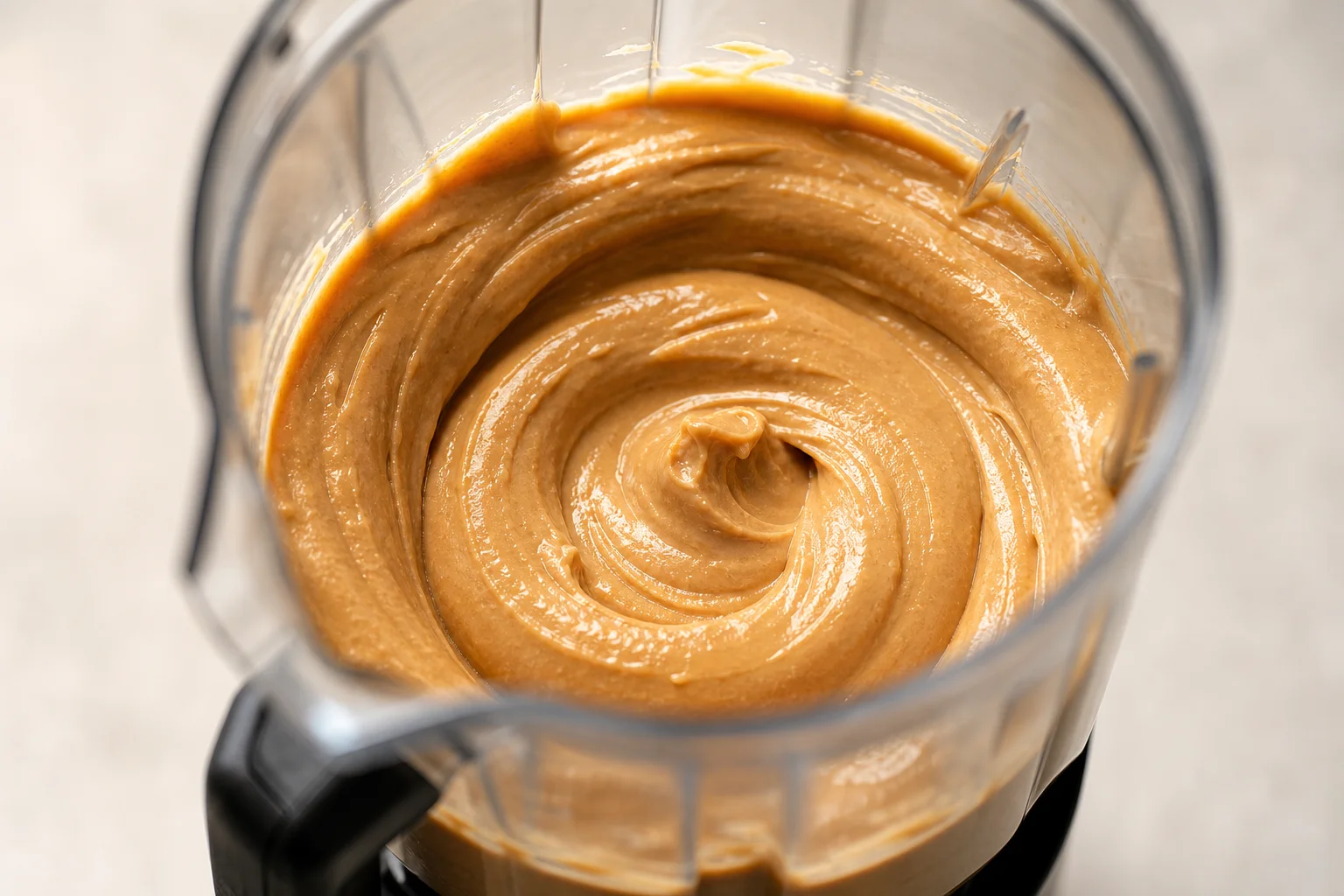 Cremige Erdnussbutter, frisch zubereitet in einem Mixbehälter