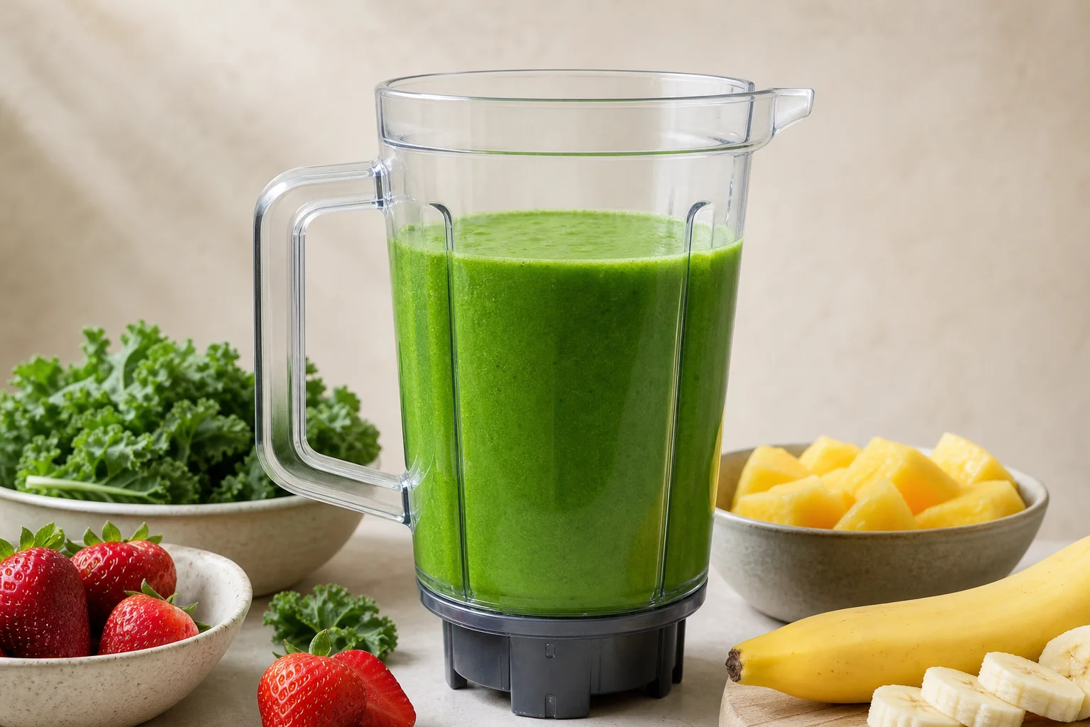Lebendiger grüner Smoothie mit Grünkohl und tropischen Früchten im Mixbehälter