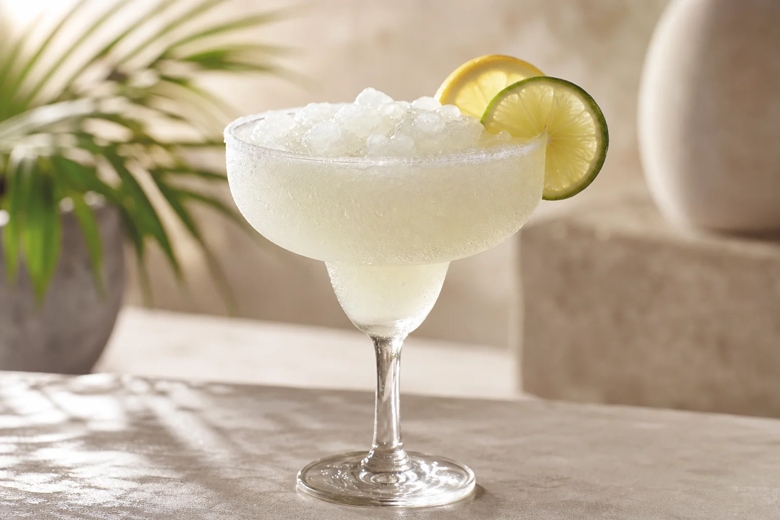 Gefrorene Margarita mit Eiskristallen und Zitrusgarnitur in einem Glas