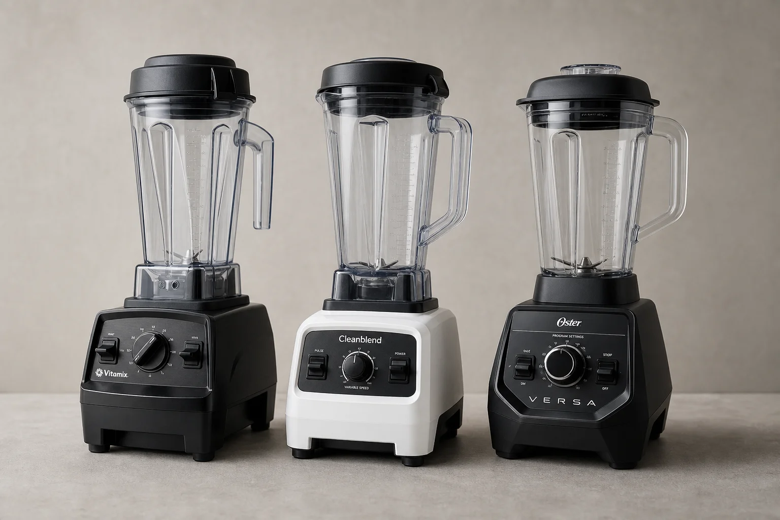 Three high-powered blenders arranged side by side on concrete surface