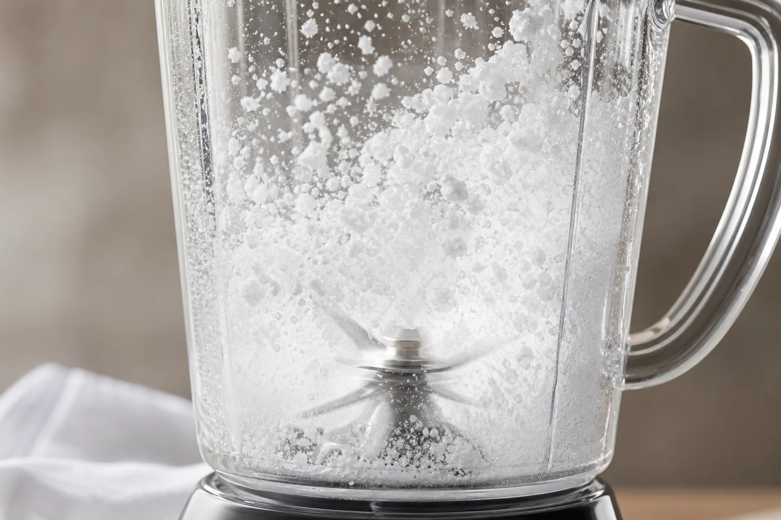 Blender crushing ice into fine snow with visible motion blur
