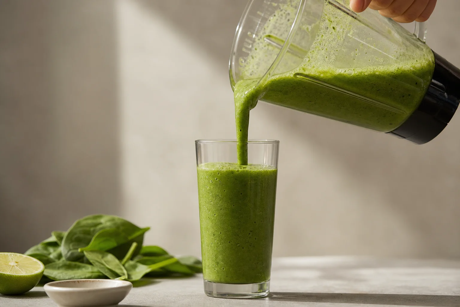 Green smoothie being poured from a blender into a tall glass